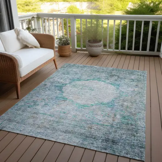 Teal Blue Aqua And Gray Oriental Washable Indoor Outdoor Area Rug Photo 9