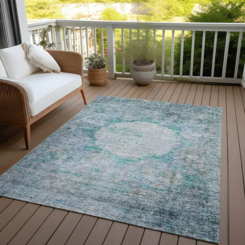 Teal Blue Aqua And Gray Oriental Washable Indoor Outdoor Area Rug Photo 9