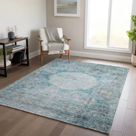 Teal Blue Aqua And Gray Oriental Washable Indoor Outdoor Area Rug Photo 8