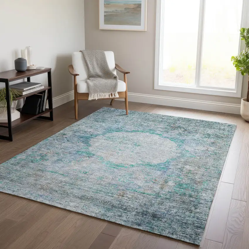Teal Blue Aqua And Gray Oriental Washable Indoor Outdoor Area Rug Photo 8