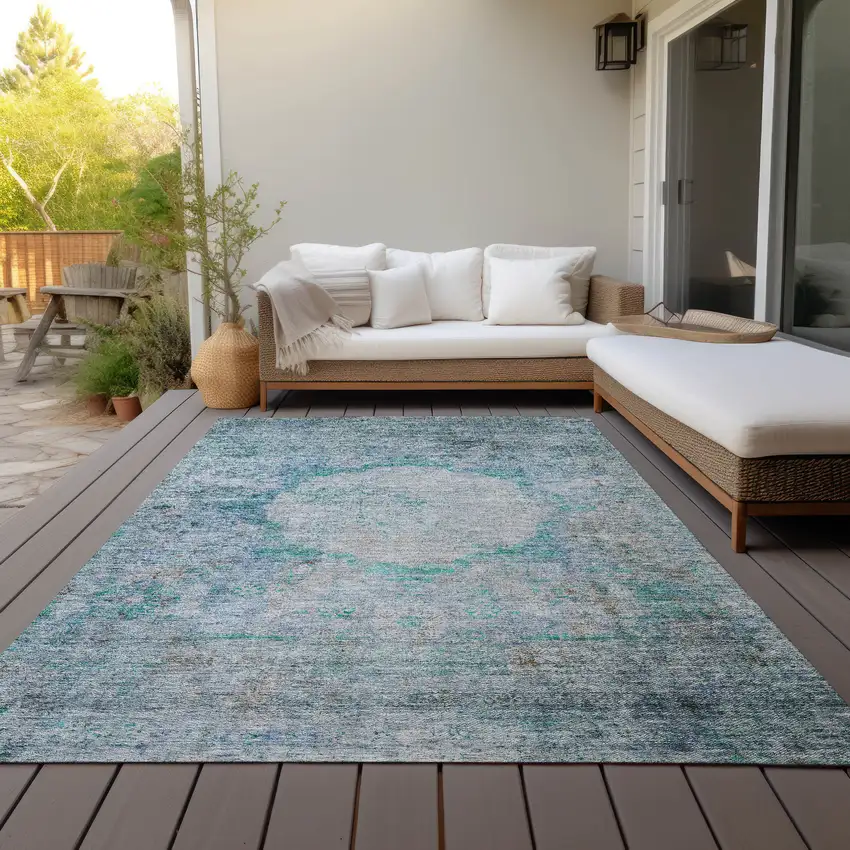 Teal Blue Aqua And Gray Oriental Washable Indoor Outdoor Area Rug Photo 7