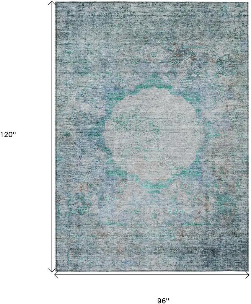 Teal Blue Aqua And Gray Oriental Washable Indoor Outdoor Area Rug Photo 3