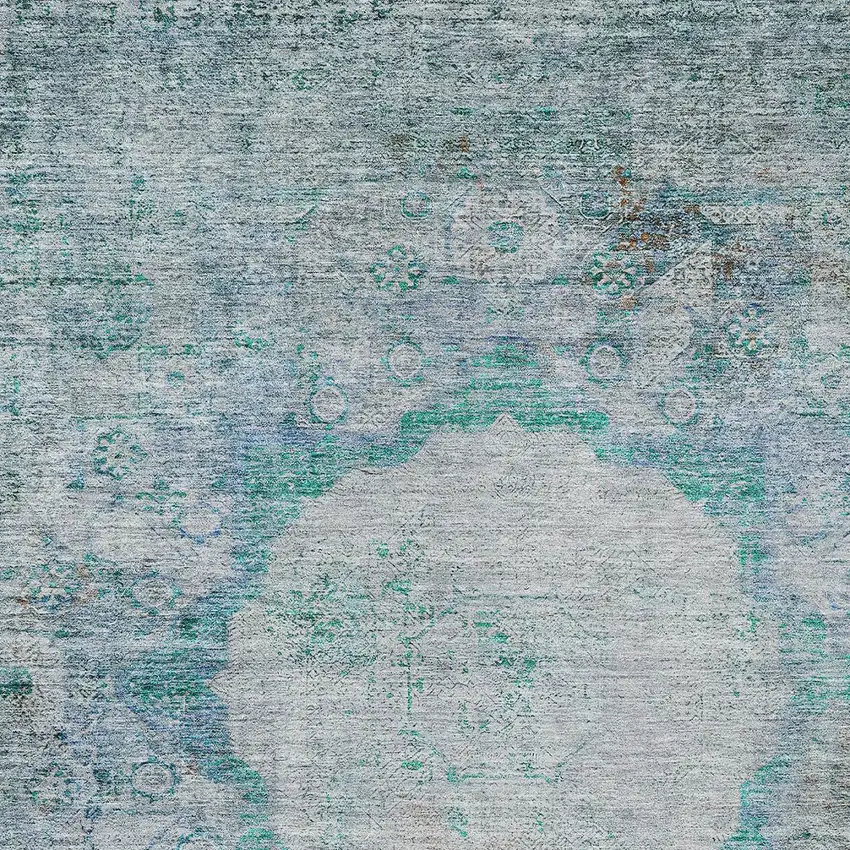 Teal Blue Aqua And Gray Oriental Washable Indoor Outdoor Area Rug Photo 5