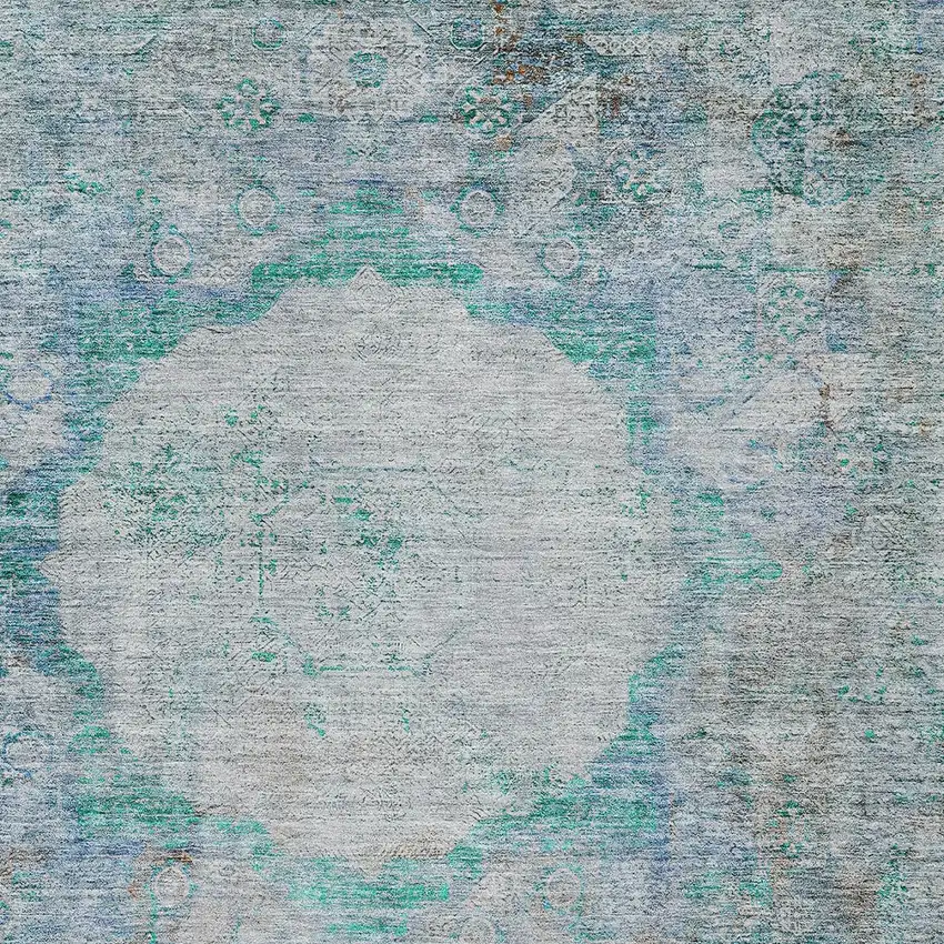 Teal Blue Aqua And Gray Oriental Washable Indoor Outdoor Area Rug Photo 6