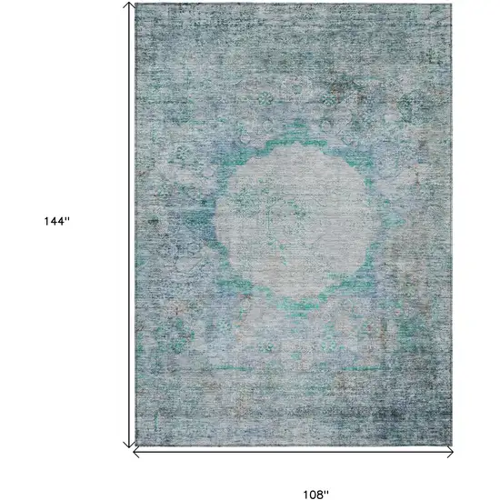 Teal Blue Aqua And Gray Oriental Washable Indoor Outdoor Area Rug Photo 3