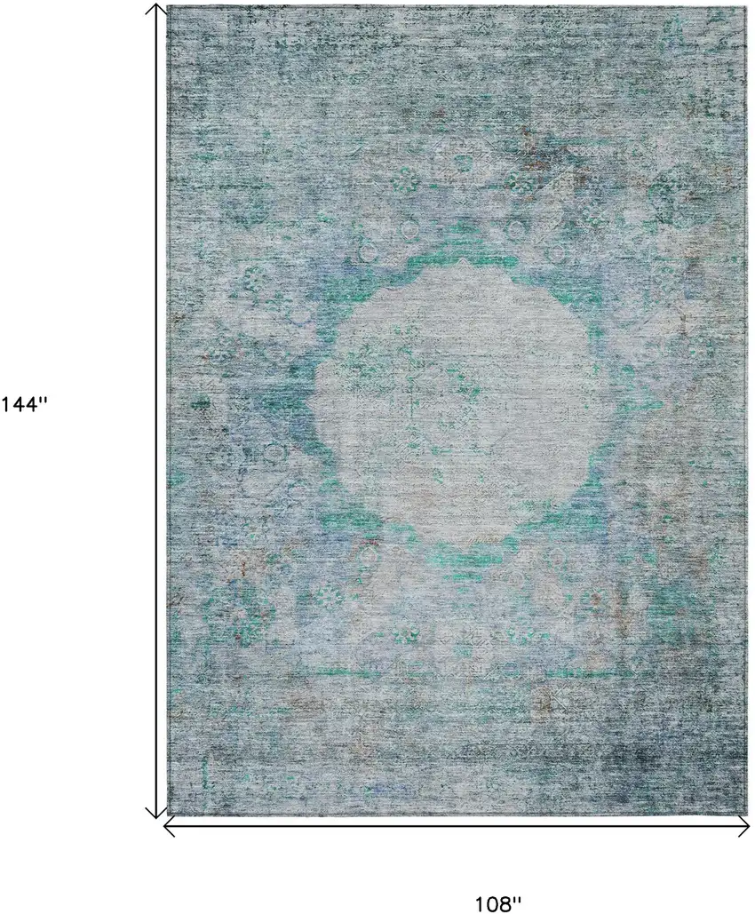 Teal Blue Aqua And Gray Oriental Washable Indoor Outdoor Area Rug Photo 3