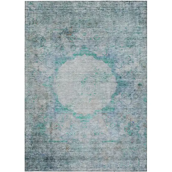 Teal Blue Aqua And Gray Oriental Washable Indoor Outdoor Area Rug Photo 7