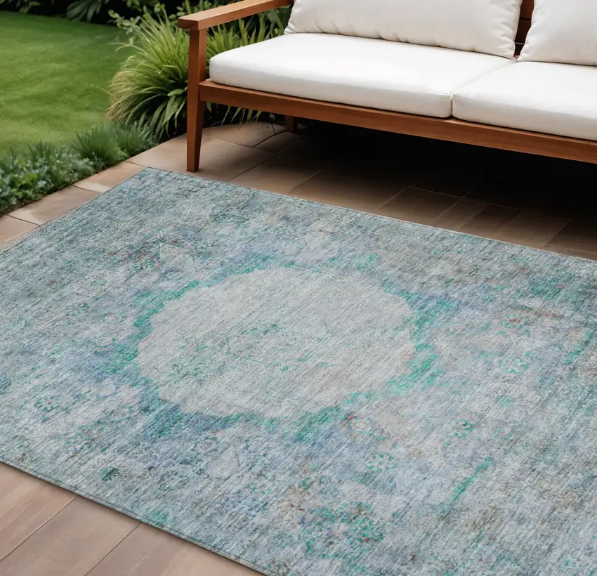 Teal Blue Aqua And Gray Oriental Washable Indoor Outdoor Area Rug Photo 1