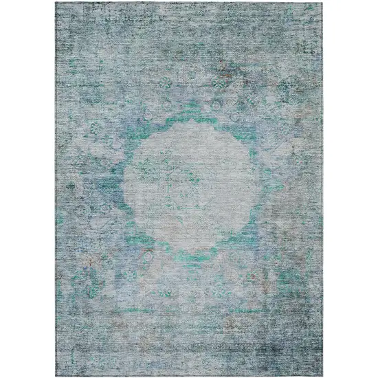 Teal Blue Aqua And Gray Oriental Washable Indoor Outdoor Area Rug Photo 2