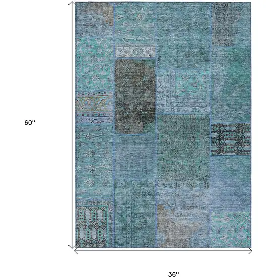 Teal Blue Aqua And Gray Patchwork Washable Indoor Outdoor Area Rug Photo 3