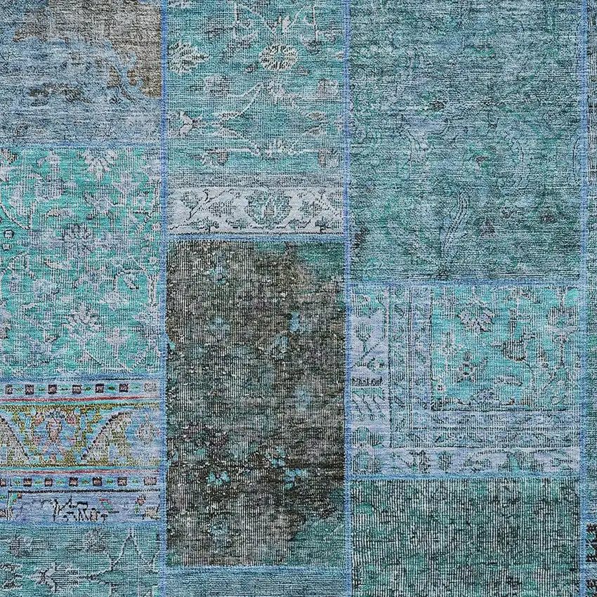 Teal Blue Aqua And Gray Patchwork Washable Indoor Outdoor Area Rug Photo 6