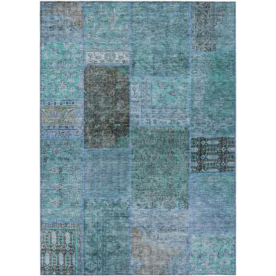 Teal Blue Aqua And Gray Patchwork Washable Indoor Outdoor Area Rug Photo 2