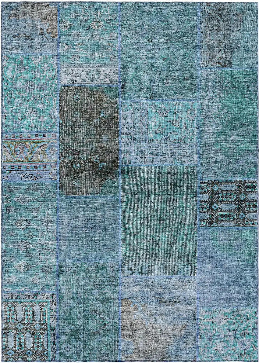 Teal Blue Aqua And Gray Patchwork Washable Indoor Outdoor Area Rug Photo 2
