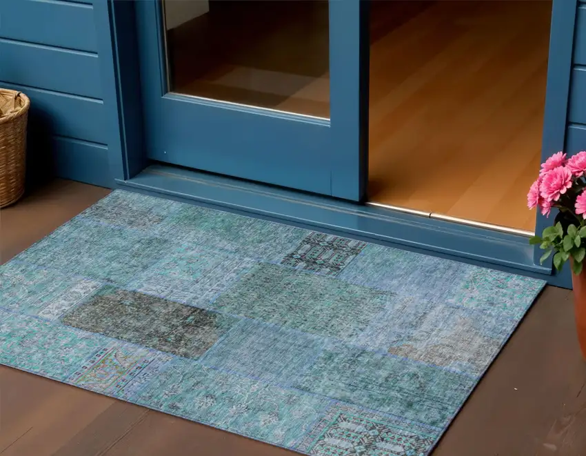 Teal Blue Aqua And Gray Patchwork Washable Indoor Outdoor Area Rug Photo 1