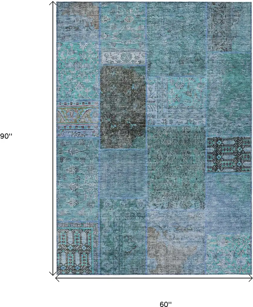Teal Blue Aqua And Gray Patchwork Washable Indoor Outdoor Area Rug Photo 3