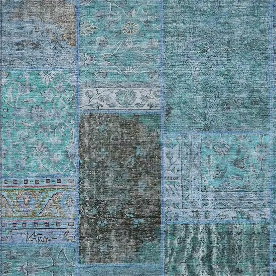 Teal Blue Aqua And Gray Patchwork Washable Indoor Outdoor Area Rug Photo 6