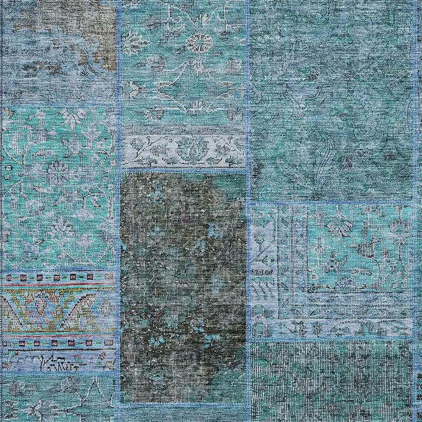 Teal Blue Aqua And Gray Patchwork Washable Indoor Outdoor Area Rug Photo 6
