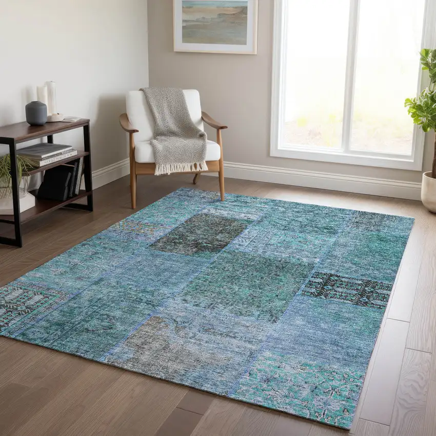 Teal Blue Aqua And Gray Patchwork Washable Indoor Outdoor Area Rug Photo 9