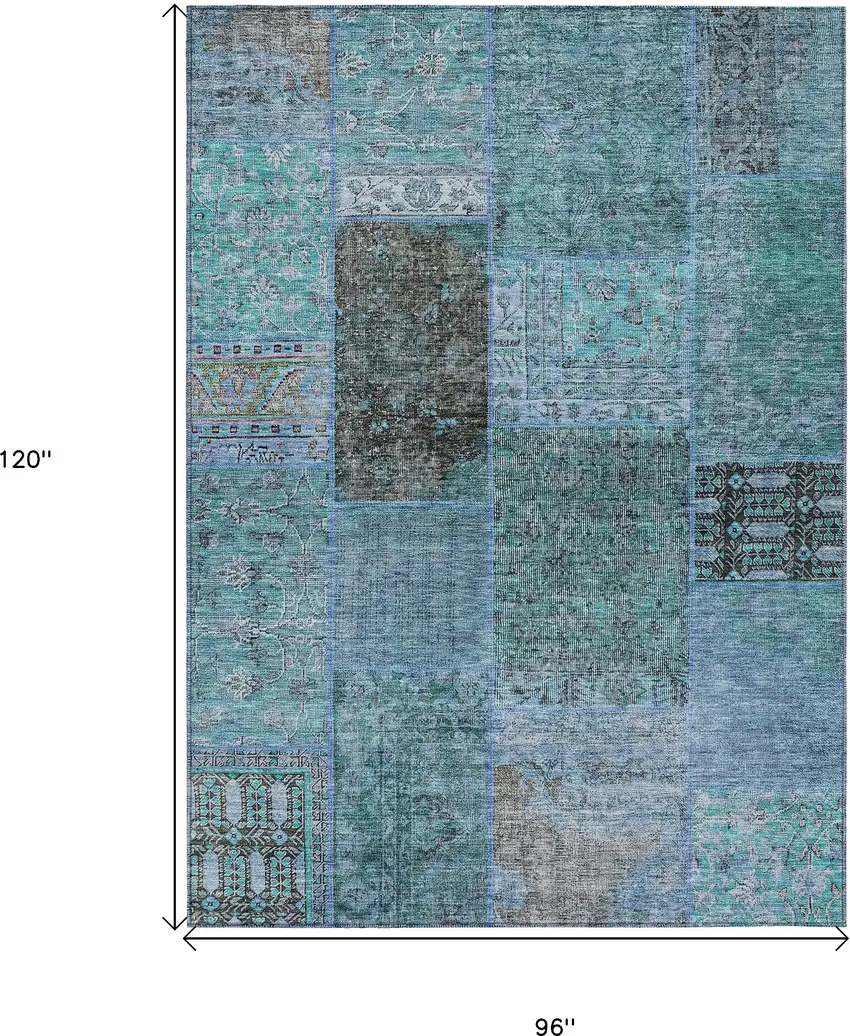 Teal Blue Aqua And Gray Patchwork Washable Indoor Outdoor Area Rug Photo 3