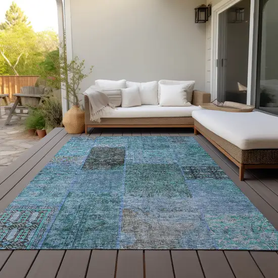 Teal Blue Aqua And Gray Patchwork Washable Indoor Outdoor Area Rug Photo 9
