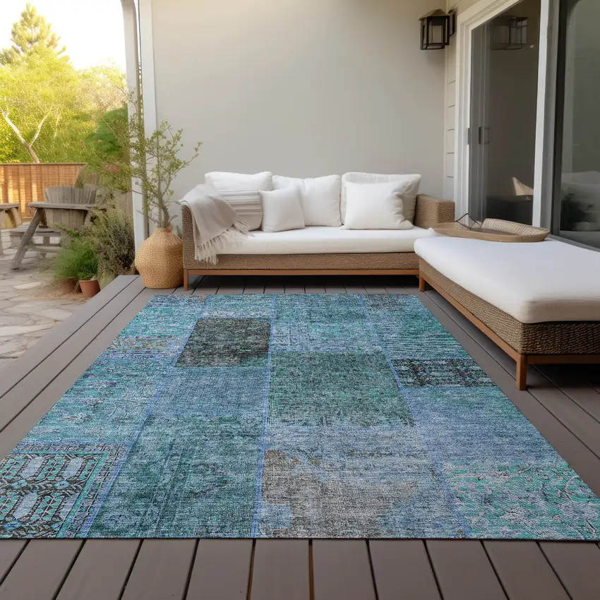 Teal Blue Aqua And Gray Patchwork Washable Indoor Outdoor Area Rug Photo 9