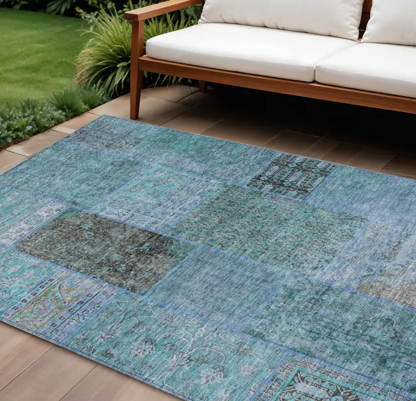 Teal Blue Aqua And Gray Patchwork Washable Indoor Outdoor Area Rug Photo 1