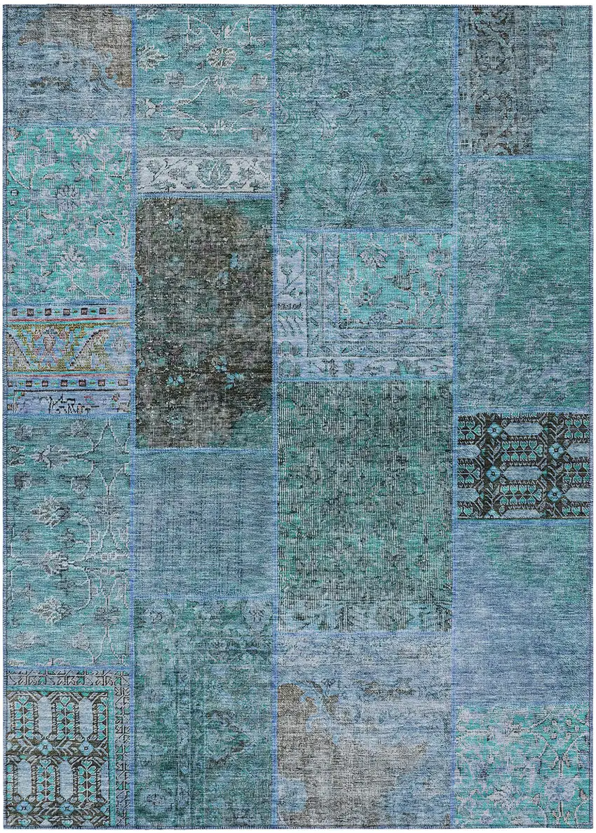 Teal Blue Aqua And Gray Patchwork Washable Indoor Outdoor Area Rug Photo 2