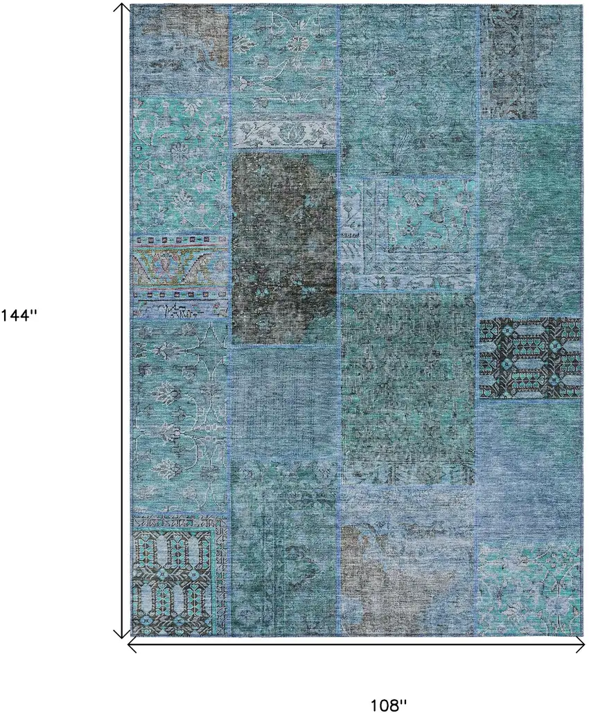 Teal Blue Aqua And Gray Patchwork Washable Indoor Outdoor Area Rug Photo 3
