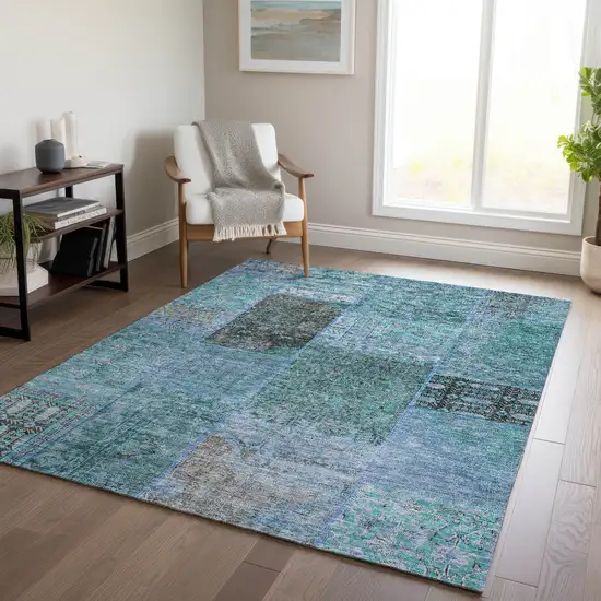 Teal Blue Aqua And Gray Patchwork Washable Indoor Outdoor Area Rug Photo 9