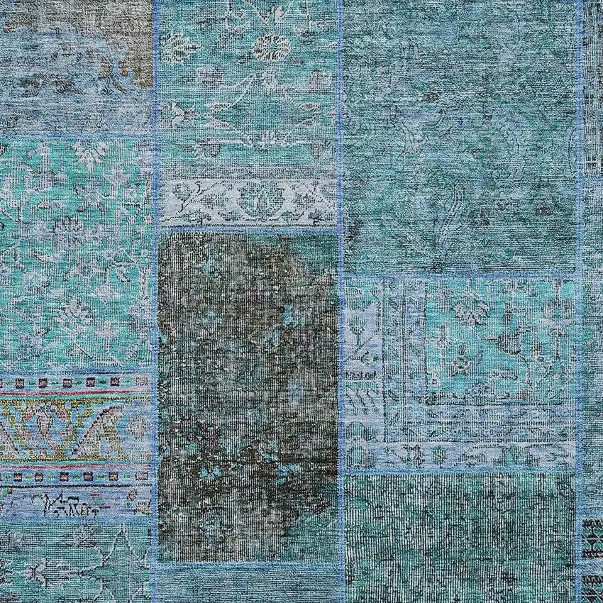 Teal Blue Aqua And Gray Patchwork Washable Indoor Outdoor Area Rug Photo 6