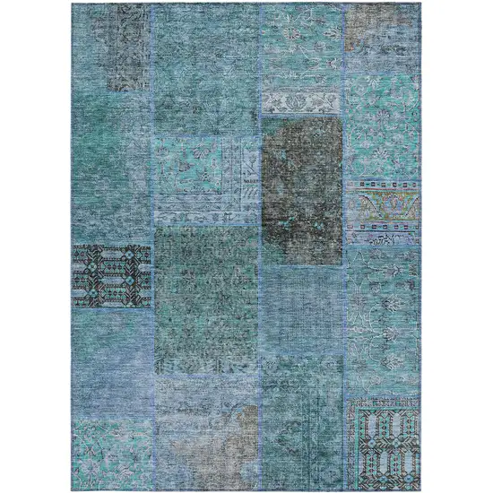 Teal Blue Aqua And Gray Patchwork Washable Indoor Outdoor Area Rug Photo 7