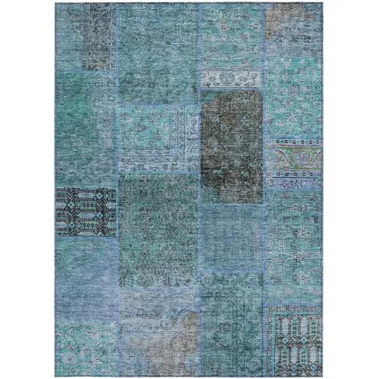 Teal Blue Aqua And Gray Patchwork Washable Indoor Outdoor Area Rug Photo 7