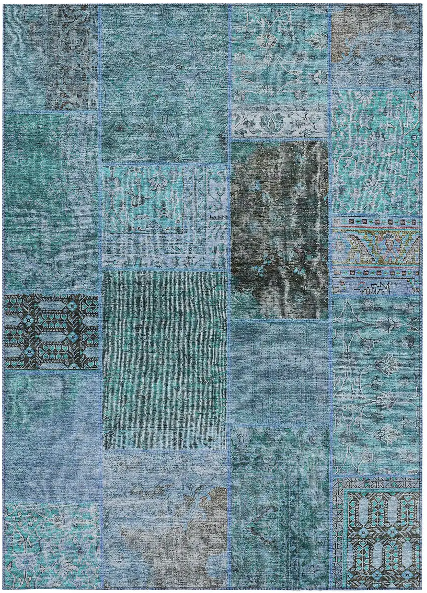 Teal Blue Aqua And Gray Patchwork Washable Indoor Outdoor Area Rug Photo 7