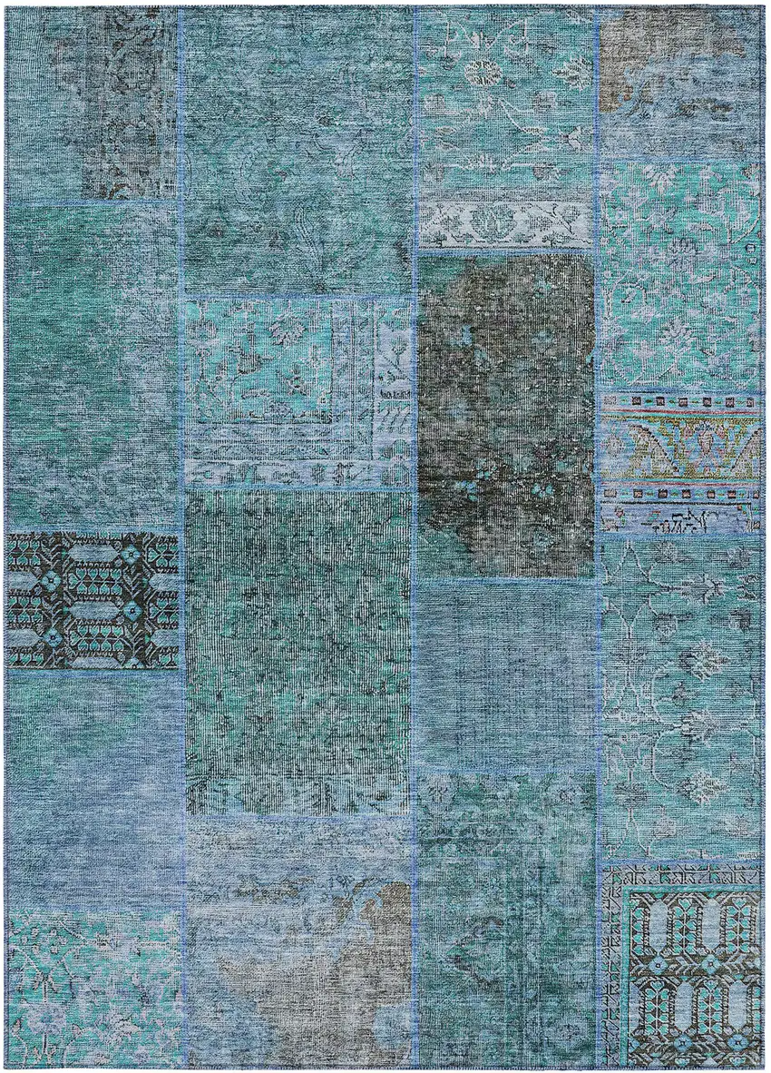 Teal Blue Aqua And Gray Patchwork Washable Indoor Outdoor Area Rug Photo 7