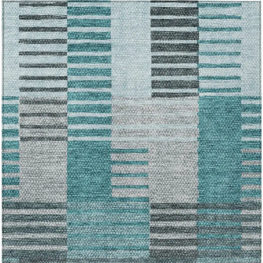 Teal Blue Aqua And Gray Striped Washable Indoor Outdoor Area Rug Photo 6