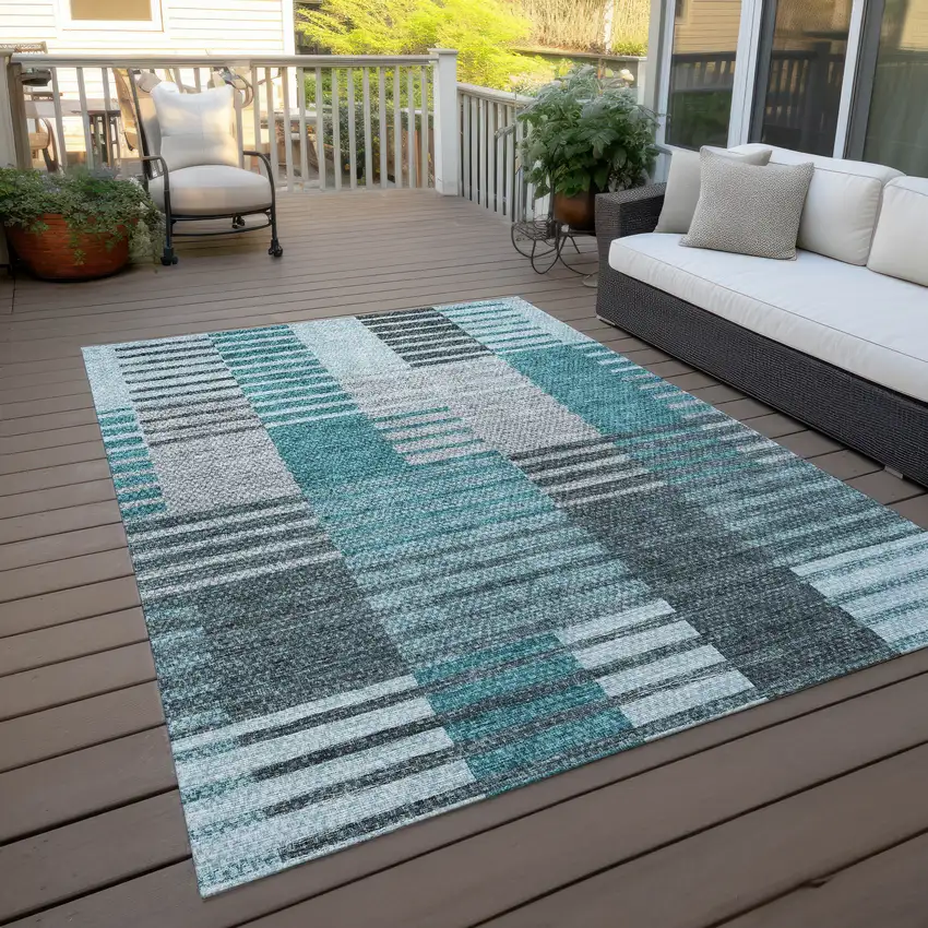 Teal Blue Aqua And Gray Striped Washable Indoor Outdoor Area Rug Photo 7