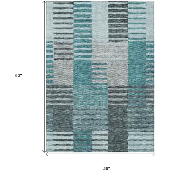 Teal Blue Aqua And Gray Striped Washable Indoor Outdoor Area Rug Photo 3