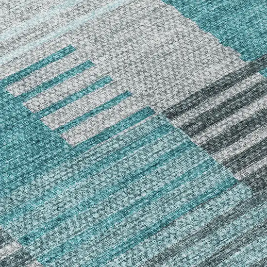 Teal Blue Aqua And Gray Striped Washable Indoor Outdoor Area Rug Photo 7