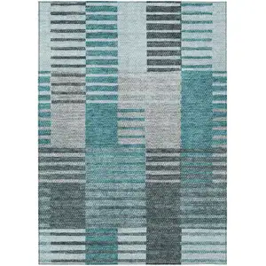 Photo of Teal Blue Aqua And Gray Striped Washable Indoor Outdoor Area Rug