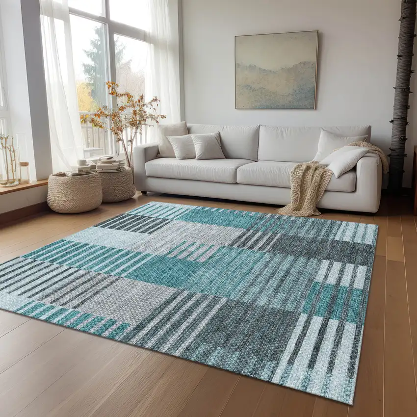 Teal Blue Aqua And Gray Striped Washable Indoor Outdoor Area Rug Photo 9