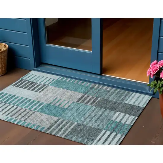 Teal Blue Aqua And Gray Striped Washable Indoor Outdoor Area Rug Photo 1