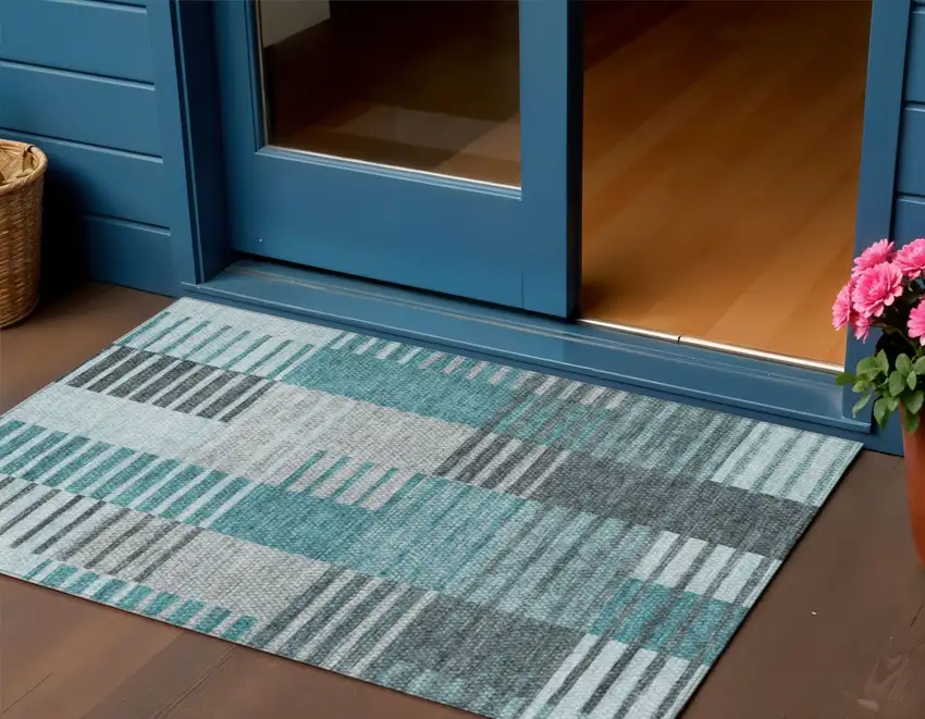 Teal Blue Aqua And Gray Striped Washable Indoor Outdoor Area Rug Photo 1