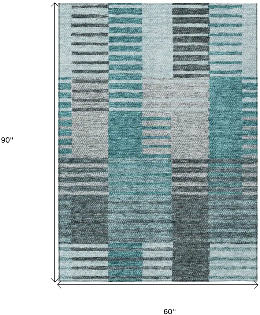 Teal Blue Aqua And Gray Striped Washable Indoor Outdoor Area Rug Photo 3