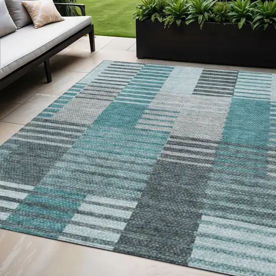 Teal Blue Aqua And Gray Striped Washable Indoor Outdoor Area Rug Photo 1