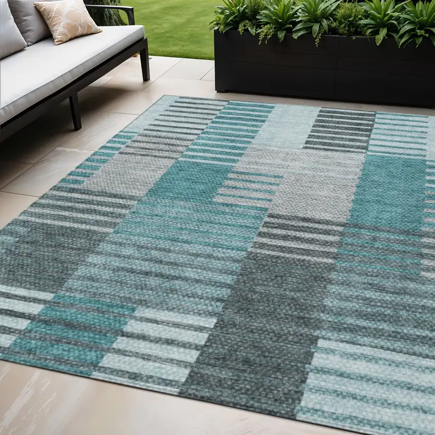 Teal Blue Aqua And Gray Striped Washable Indoor Outdoor Area Rug Photo 1