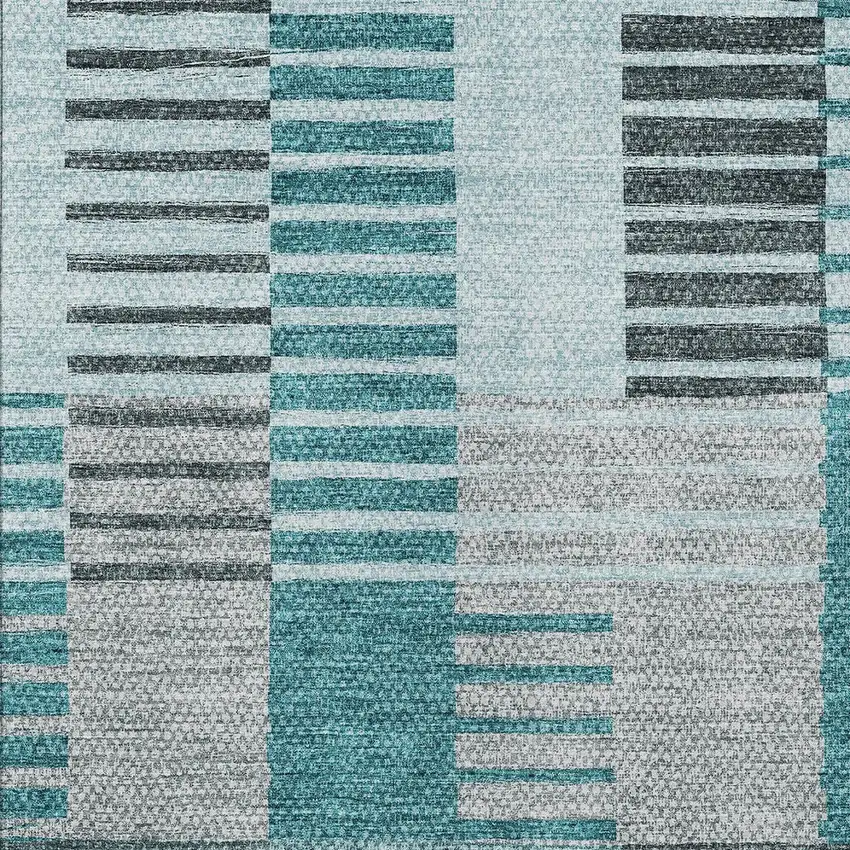 Teal Blue Aqua And Gray Striped Washable Indoor Outdoor Area Rug Photo 5