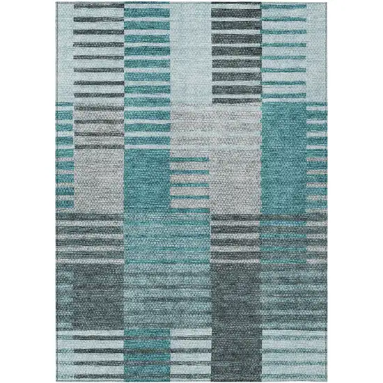 Teal Blue Aqua And Gray Striped Washable Indoor Outdoor Area Rug Photo 2