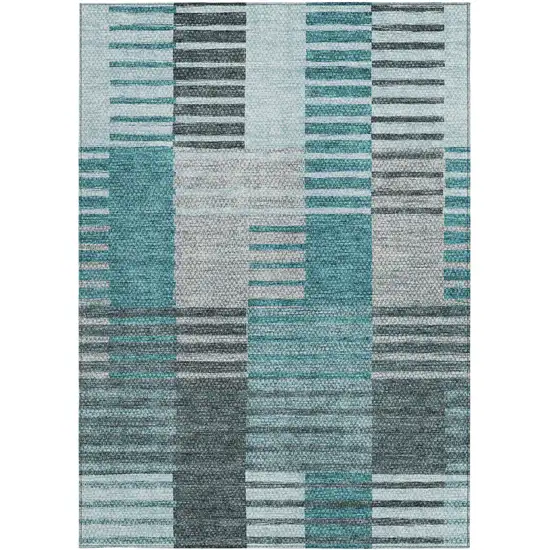 Teal Blue Aqua And Gray Striped Washable Indoor Outdoor Area Rug Photo 6