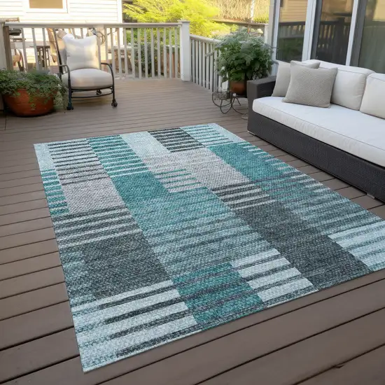 Teal Blue Aqua And Gray Striped Washable Indoor Outdoor Area Rug Photo 7