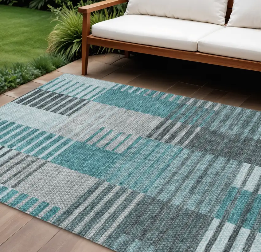 Teal Blue Aqua And Gray Striped Washable Indoor Outdoor Area Rug Photo 1